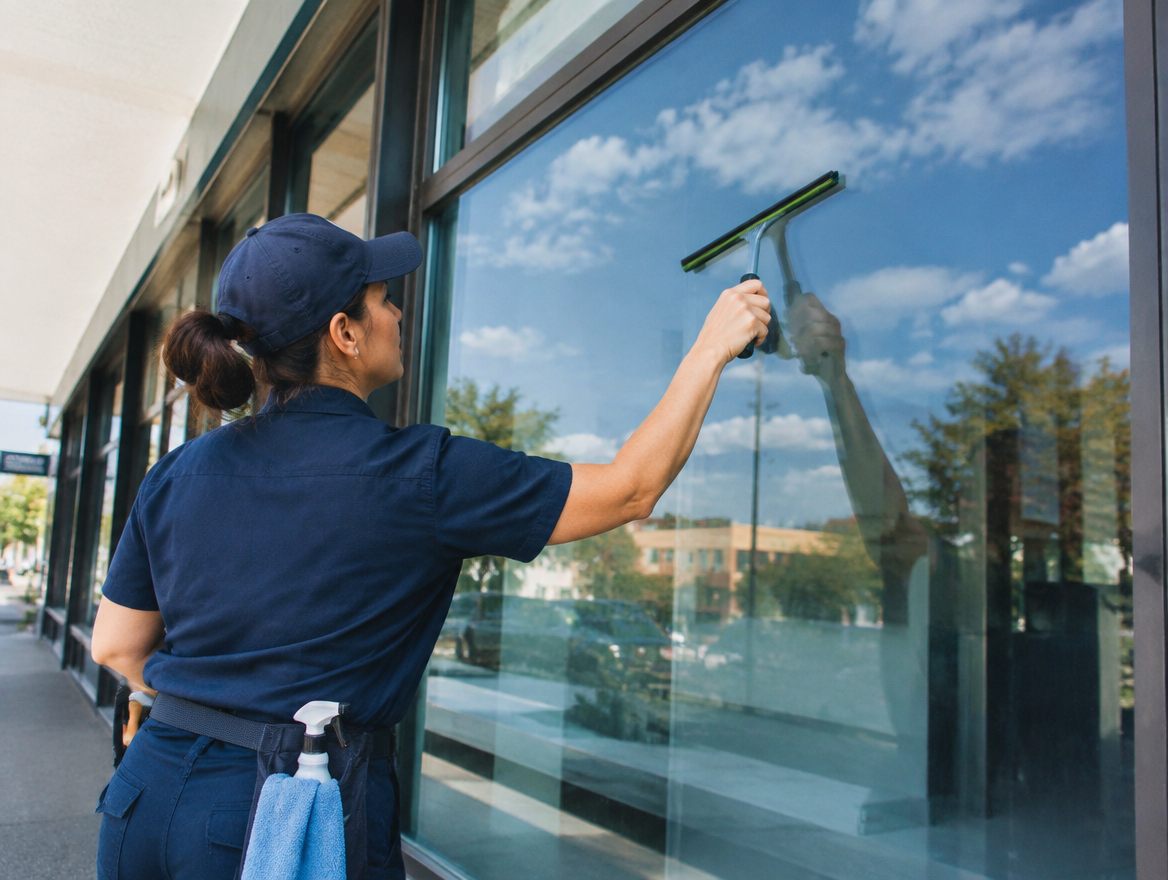 Reinigungskraft bei der Glasreinigung einer Fensterfront